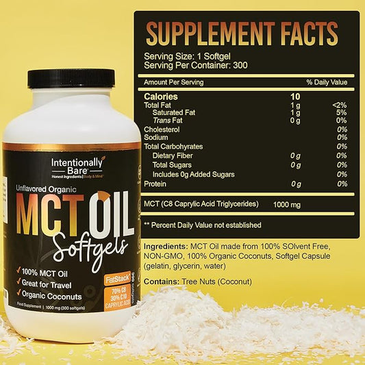 Intentionally Bare Organic MCT Oil Capsules - 70% C8 MCT Oil & 30% C10 MCT Capsules Unflavored for Keto Low Carb and Paleo Diet - MCT Oil C8 & C10 for Energy Mood & Focus - Non-GMO 300 Softgels