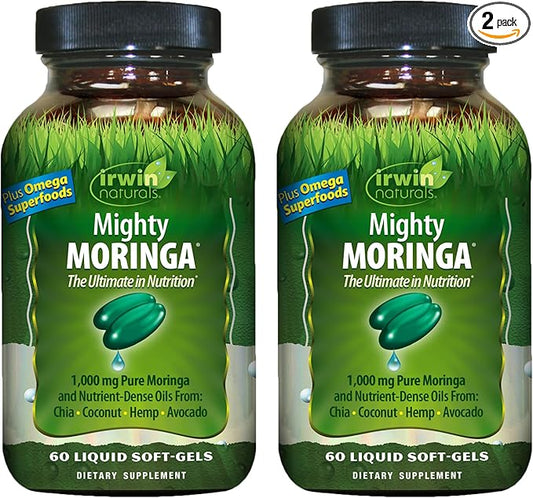 Irwin Naturals Mighty Moringa 1,000 mg - 60 Liquid Softgels, Pack of 2 - with Chia, Coconut, Hemp, Avocado & Omega Superfoods - 60 Total Servings