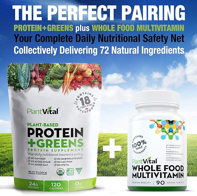 Plantvital Unflavored Organic Vegan Protein Powder 18 Superfoods, 16oz (Pack 2)