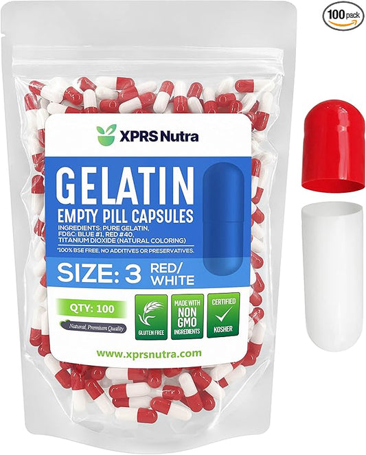XPRS Nutra Size 3 Empty Capsules - 100 Count Empty Gelatin Capsules - Empty Pill Capsules - DIY Capsule Filling - Pure Bovine Pill Capsules Empty Gel Caps (Red/White)