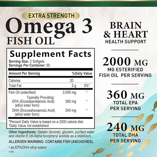 Triple Strength Omega 3 Fish Oil 2000 mg Omega-3 Supplements, 120 Count