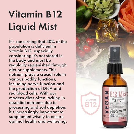 Organic Vegan Vitamin B12 Supplement Liquid 5,000mcg Methylcobalamin 240 Days