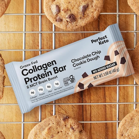 Perfect Keto Bars, Gluten Free Grass Fed Collagen + MCT Oil, Low Carb, No Sugar Added, High Protein Snacks, Keto Diet Foods, 11g Protein, 18g Fat, 3g Net Carbs, Chocolate Chip, 12 Bars