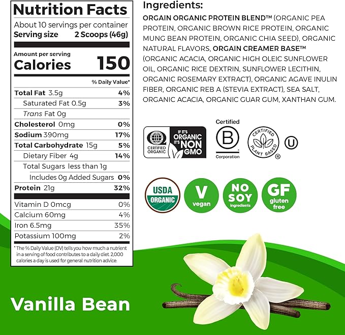 Orgain Organic Vegan Protein Powder, Vanilla Bean 21g Plant 4g Prebiotic 1.02 lb