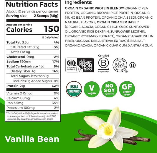 Orgain Organic Vegan Protein Powder, Vanilla Bean 21g Plant 4g Prebiotic 1.02 lb