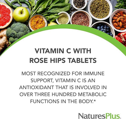 Natures Plus Vitamin C with Rose HIPS, Sustained Release - 1000 mg Ascorbic Acid, 60 Vegetarian Tablets -Gluten-Free - 60 Servings