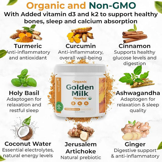 Organic Golden Milk Powder with Vitamins D3 & K2, Turmeric, Ginger, Curcumin, Cinnamon, KSM66 Ashwagandha, Holy Basil & Natural Prebiotics– Delicious Unsweetened Turmeric Tea Latte- 30 Servings