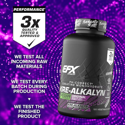 EFX Sports Kre-Alkalyn EFX | pH Correct Creatine Monohydrate Pill Supplement | Vegan Friendly | Strength & Muscle Growth | 90 Servings, 180 Veggie Capsules