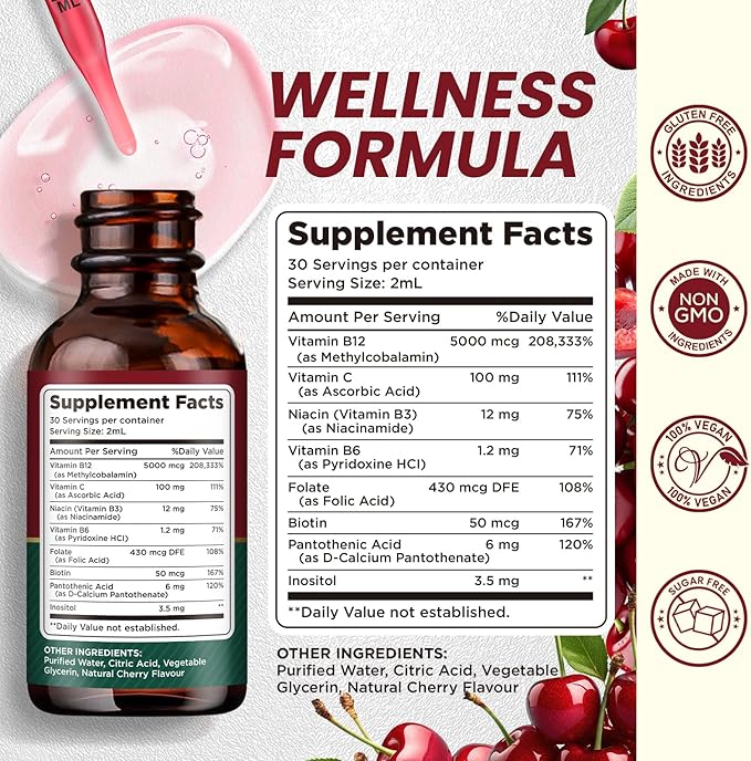 Vitamin B12 Complex 5000 mcg B12 Liquid B3, B5, B5, B6, B6, & B8 for 2 fl.