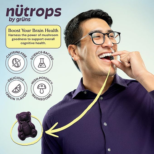 Nutrops Sugar-Free Functional Nootropics Mushroom Gummies for adult, Herbal Brain Supplement Gummy for Energy, Brain Health, Mood & Focus - Lions Mane, Cordyceps, Reishi, Maitake, Chaga & Coriolus Blend, 28 serve