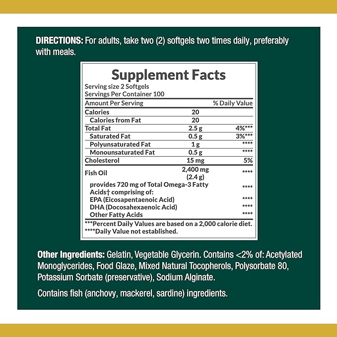 Nature's Bounty Fish Oil, Dietary Supplement 360mg Omega-3, Omega-3, Supports 1200mg, 200 200 Softgels 2)