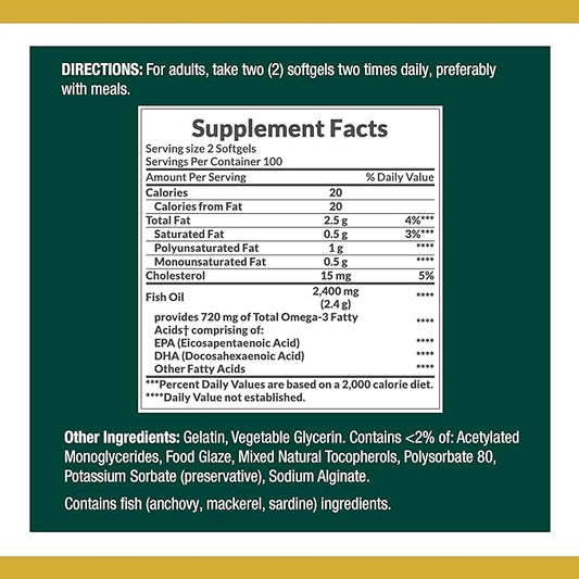Nature's Bounty Fish Oil, Dietary Supplement 360mg Omega-3, Omega-3, Supports 1200mg, 200 200 Softgels 2)
