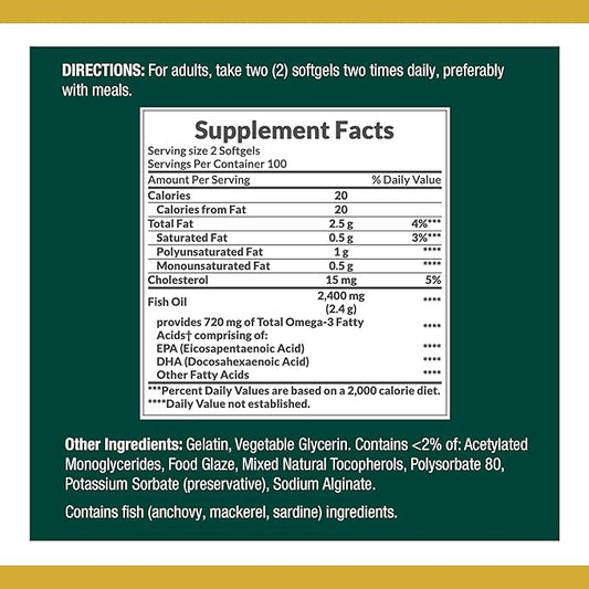 Nature's Bounty Fish Oil, Dietary Supplement with 360mg Omega-3, Supports Heart Health, 1200mg, 200 Softgels (Pack of 2)