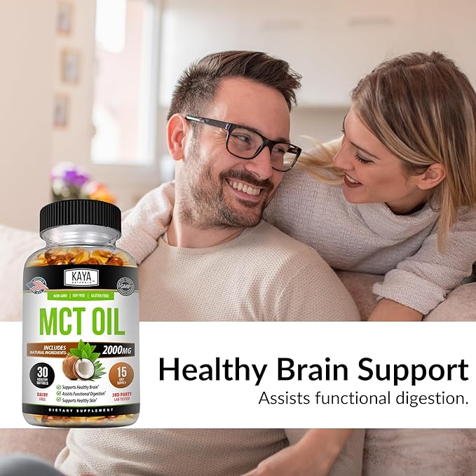 Kaya Naturals MCT Oil 2000mg - Non-GMO, Soy-Free, Gluten-Free - Brain, Digestive & Skin Health - 30 Softgels
