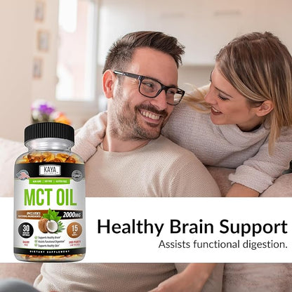 Kaya Naturals MCT Oil 2000mg - Non-GMO, Soy-Free, Gluten-Free - Brain, Digestive & Skin Health - 30 Softgels
