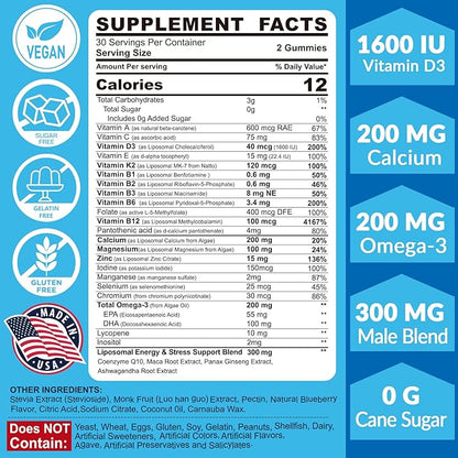 Multivitamin for Men Gummies, Vitamins A D3 K2 K2 E 3, CoQ10, CoQ10, Calcium, 120 Cts