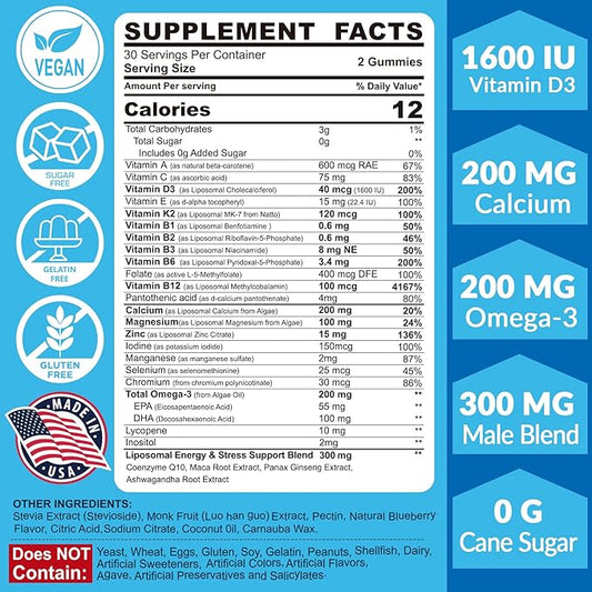 Multivitamin for Men Gummies, Vitamins A D3 K2 K2 E 3, CoQ10, CoQ10, Calcium, 120 Cts