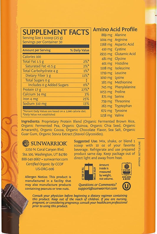 Sunwarrior Vegan Organic Protein Powder Plant-based 5 Superfood 30 Servings