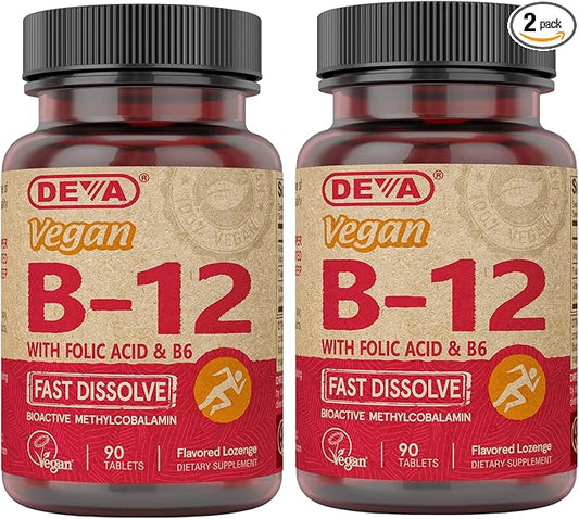 DEVA Vegan Vitamin B12 Fast Dissolve Supplement 1000 Mcg B12, Folic B6 - 90 Dissolvable 2-pack