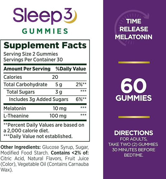 Nature's Bounty Sleep3 Gummies, Triple Action 10mg, Blueberry 60 Gummies
