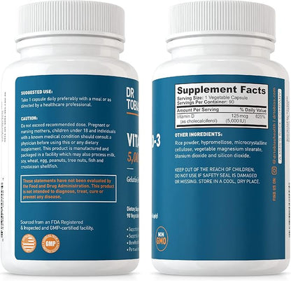 Dr. Tobias Vitamin D3 5000 IU, Essential for Healthy Bones, Teeth, and Immune System, Extra Strength Vitamin D Supplement, Non-GMO, 90 Capsules, 90 Servings