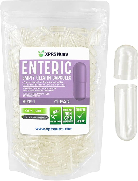 XPRS Nutra Size 1 Empty Capsules - 500 Count Clear Enteric Coated Empty Gelatin Capsules - Delayed Release Pill Capsules - DIY Capsule Filling - Pure Bovine Empty Enteric Capsules Gel Caps