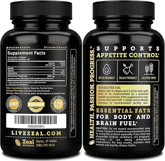Pure MCT Oil Capsules (360 Softgels | 3000mg) 4 Month Supply Keto Pills w Unrefined Coconut - C10 & C8 Brain Fuel, Energy, Octane Ketosis