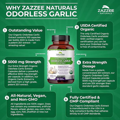 Zazzee USDA Organic Odorless Garlic 20:1 5000 mg 100 Vegan 3+ Month 20X Extract, 100% Vegetarian,