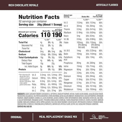 SlimFast Meal Replacement Powder, Original Rich Chocolate Royale, Weight Loss Shake Mix, 10g of Protein, 52 Servings (Packaging May Vary)