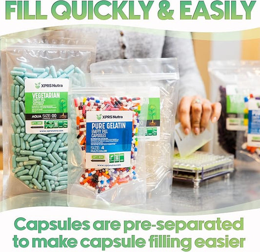 XPRS Nutra Vegan Size 0 Separated Capsules - 100 Count Premium Empty Capsules Separated in Bags - Separated Empty 0 Capsules - Pill Capsules Empty for DIY Supplement Filling (Aqua)
