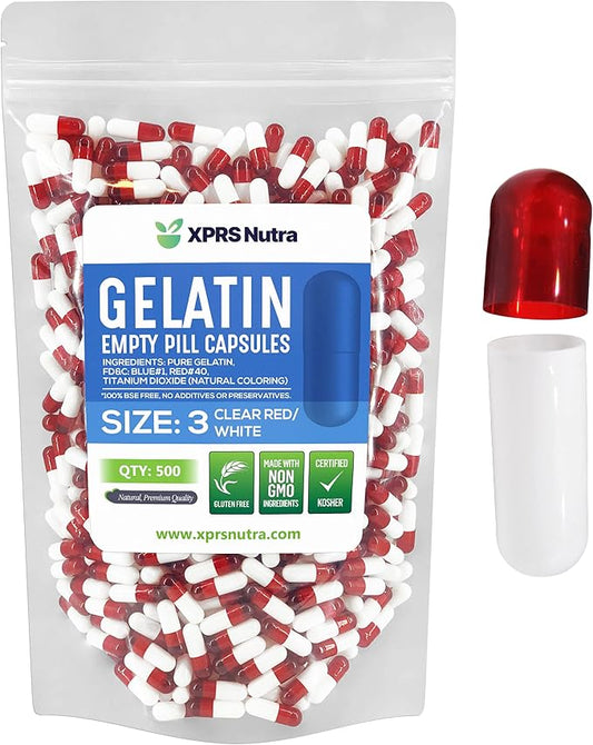 XPRS Nutra Size 3 Empty Capsules - 500 Count Empty Gelatin Capsules - Empty Pill Capsules - DIY Capsule Filling - Pure Bovine Pill Capsules Empty Gel Caps (Clear Red/White)