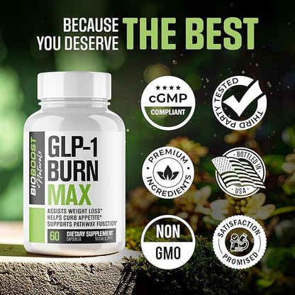GLP-1 Burn MAX | Weight Loss Pills for Women & Fat Burner for Men + Appetite Suppressant & Energy Supplement | 3rd Party Tested Formula | 5 Powerful Ingredients - 60 Capsules to Lose Weight