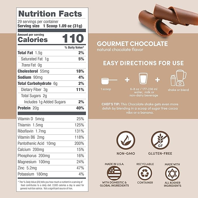 Designer Wellness, Designer Whey, Natural Whey Protein Powder with Probiotics, Fiber, and Key B-Vitamins for Energy, Gluten-Free, Gourmet Chocolate, 2 lb