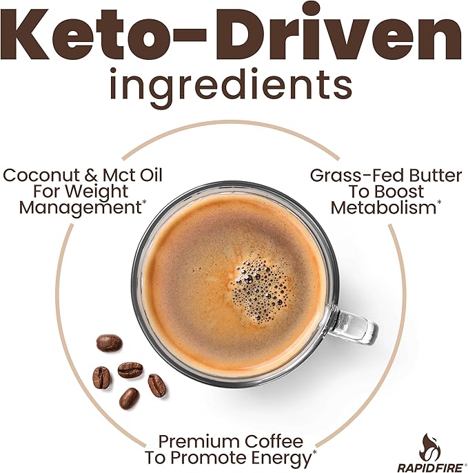Rapidfire Keto Coffee Instant Coffee Mix, Caramel Macchiato Flavor, 7.93 Ounce (255g), 15 Servings