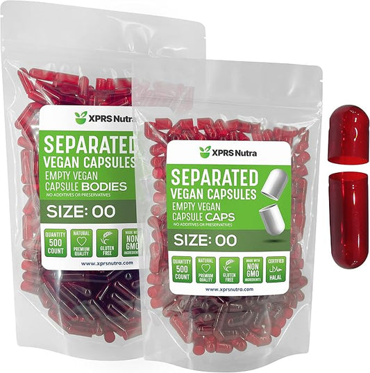 XPRS Nutra Vegan Size 00 Separated Capsules - 500 Count Premium Empty Capsules Separated in Bags - Separated Empty 00 Capsules - Pill Capsules Empty for DIY Supplement Filling (Clear Red)