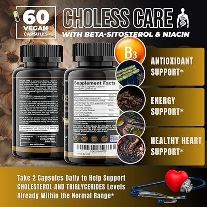 Cholesterol Supplement - Triglycerides Support Capsules w. Organic, Odorless Garlic, Cayenne Pepper, Plant Sterols to Support Normal HDL and LDL Cholesterol Levels w. Antioxidant Niacin (Vitamin B3)