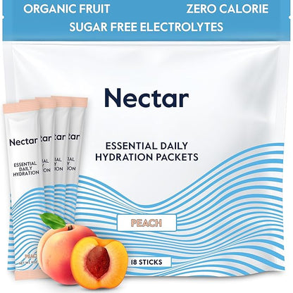 Nectar Hydration Packets - Electrolytes Powder Packets - Sugar Free & 0 Calorie - Organic Fruit Liquid Daily IV Hydrate Packets for Dehydration Relief & Rapid Rehydration (Peach 18 Pack)