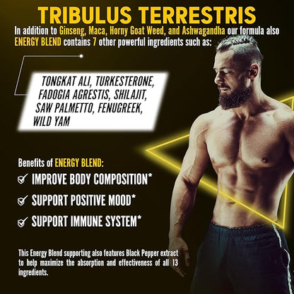 Zolotus 13in1 Tribulus Terrestris Capsules with Maca, Horny Goat Weed, Panax Ginseng, Saw Palmetto, Tongkat Ali, Shilajit & More - Energy, Stamina Supplement for Men & Women - 120 Counts