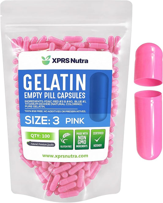 XPRS Nutra Size 3 Empty Capsules - 100 Count Empty Gelatin Capsules - Empty Pill Capsules - DIY Capsule Filling - Pure Bovine Pill Capsules Empty Gel Caps (Pink)