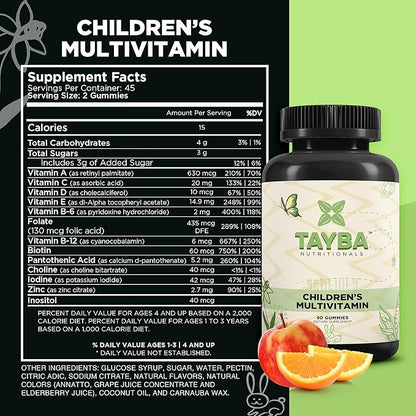 Tayba Nutritionals Kids Multi-Vitamin Gummy Bears with Vitamin A, Vitamin C, Vitamin D, Vitamin E, Biotin, Zinc, & More, 90 Count - Halal Certified, Vegetarian, Gelatin Free, Made in USA