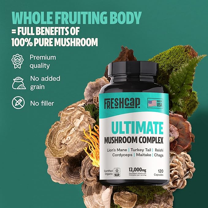 FreshCap Ultimate Mushroom Supplement 12,000mg - Mushroom Complex Capsules, Organic Mushrooms Supplement, Mushroom Extract, Ayurveda Mushroom Blend Nootropic (120 Capsules)