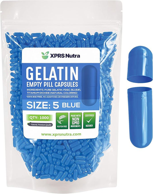 XPRS Nutra Size 5 Empty Capsules - 1000 Count Very Small Empty Gelatin Capsules - Empty Pill Capsules - DIY Capsule Filling - Fillable Pill Capsules Empty Gel Caps (Blue)
