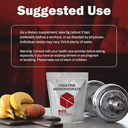 BoxNutra Creatine Monohydrate Powder - Creatine Powder for Men and Women Increases Muscle Gain - Unflavored Creatine Dissolves Well in Shakes, Smoothies, and More, 200 Servings