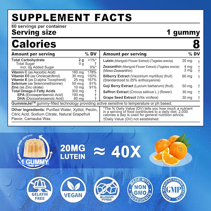 Sugar Free Lutein 20mg & Zeaxanthin 190mg & 80mg, Eye D3, C
