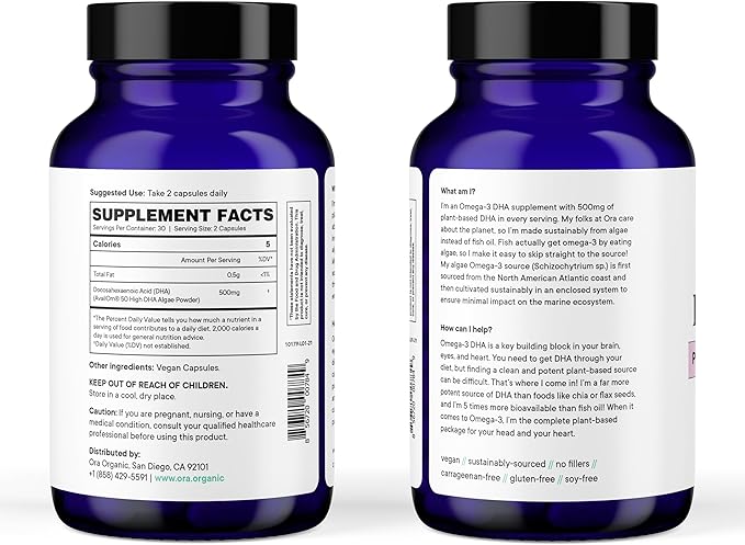 Ora Organic Vegan Omega 3 Supplement 500mg DHA 60 Capsules