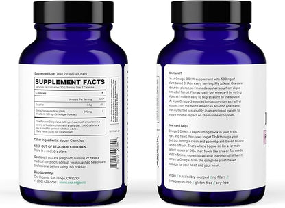 Ora Organic Vegan Omega 3 Supplement 500mg DHA 60 Capsules
