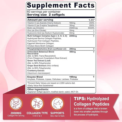 Hydrolyzed Collagen Peptides Pills for Women 2000mg Liposomal Form Type I, II, III, V, X for Optimal Absorption, Multi Collagen Softgels, Collagen Supplements with Hair, Skin & Nails Vitamins 120 Cts