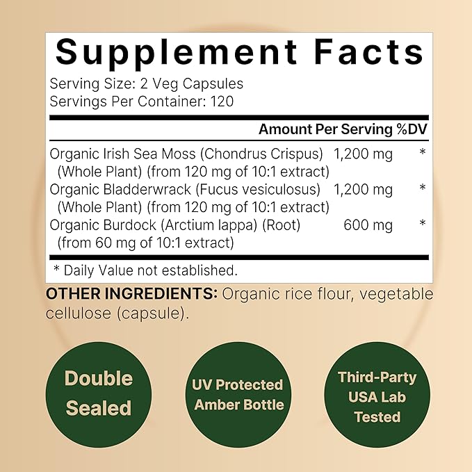 Irish Sea Moss Capsules, 3,000mg Per Serving, 240 Veggie Pills | Made with Organic Raw Powder, Plus Bladderwrack & Burdock Root, Sea Vegetable Complex – Immune & Thyroid Superfood Support – Non-GMO