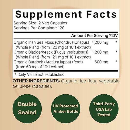 Irish Sea Moss Capsules, 3,000mg Per Serving, 240 Veggie Pills | Made with Organic Raw Powder, Plus Bladderwrack & Burdock Root, Sea Vegetable Complex – Immune & Thyroid Superfood Support – Non-GMO