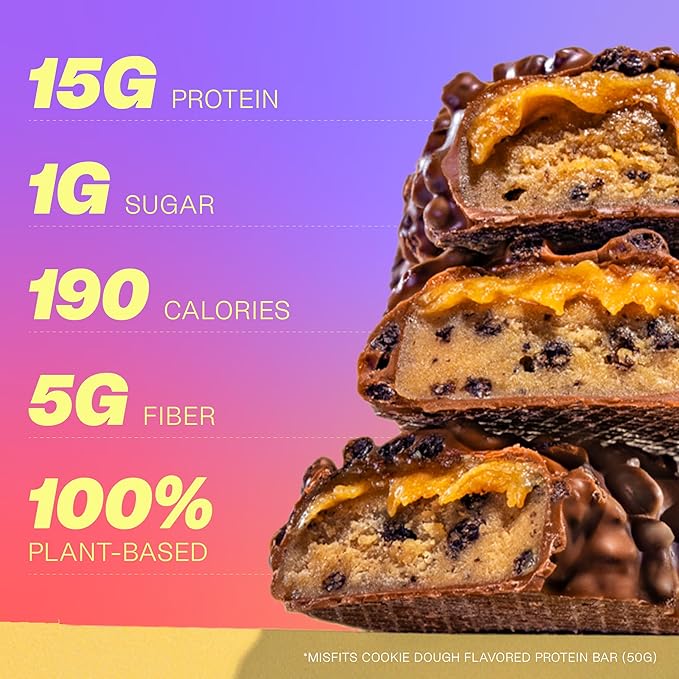 Misfits Vegan Protein Bars - Updated Recipe | Plant Based, Low Sugar & Carb, High Fiber Snacks | Variety Sample Pack to Trial the Flavors | Pack of 5 (1 of Each Flavor)